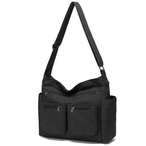 Bolsa tiracolo grande de lona para mulheres e homens, bolsa Hobo Messenger para laptop, trabalho, viagens universitárias, 51 - 423/Preto