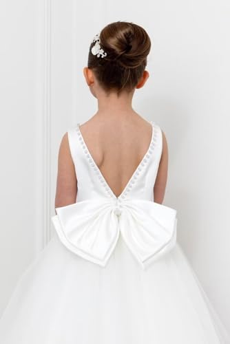 Puffy Tulle Flower Girl Dress Backless Pearls Beaded First Communion Dress Kids O-Neck Satin Formal Party Gowns4
