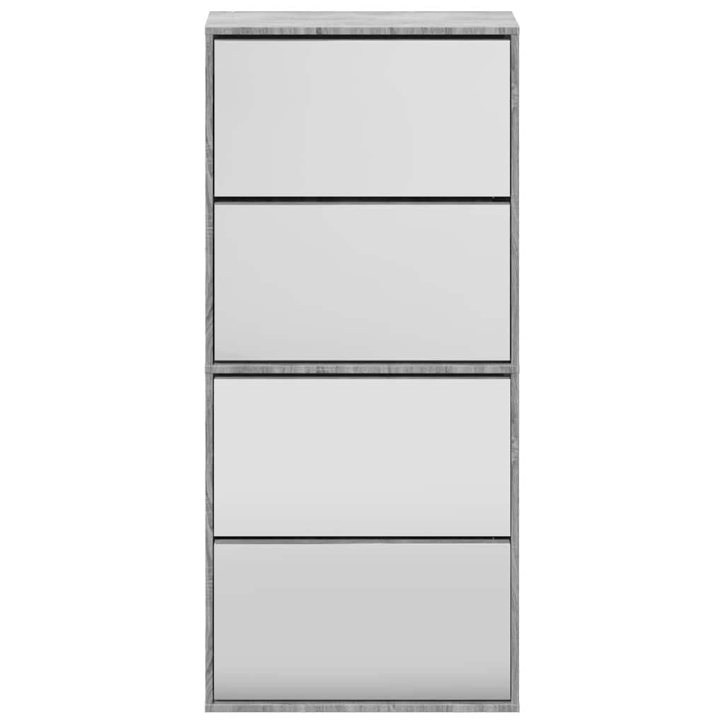 Zapatero con espejo 4 compartimentos basculantes gris Sonoma 63 x 17 x 134 cm, zapatero para pasillo y entrada, diseño moderno con mucho espacio de almacenamiento