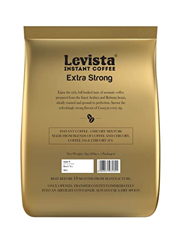Image of Levista Extra Strong Instant Coffee (Pouch) (1 Kg) | Strong Blend of 57% Coffee & 43% Chicory| Caffeine Coffee with Rich Bold Flavour for an Energising Experience (Pack of 2)