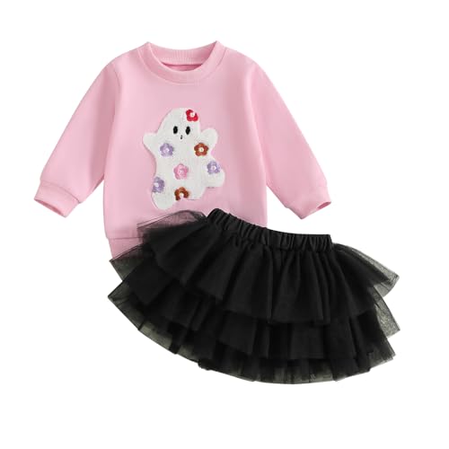 Fernvia Toddler Baby Girl Halloween Outfit Ghost Embroidery Long Sleeve Sweatshirt Tulle Skirt Set Fall Winter Clothes (Pink 2-3T)