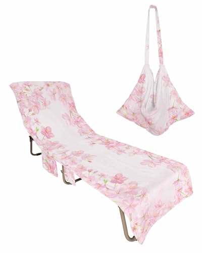 Pink Cherry Blossom Beach Lounge Chair Towel Cover, Soft Chaise Lounge Towel with Side Pockets Patio Pool Chairs Cover for Beach/Pool Sunbathing 29x85 Pastoral Floral Botanical Spring Summer