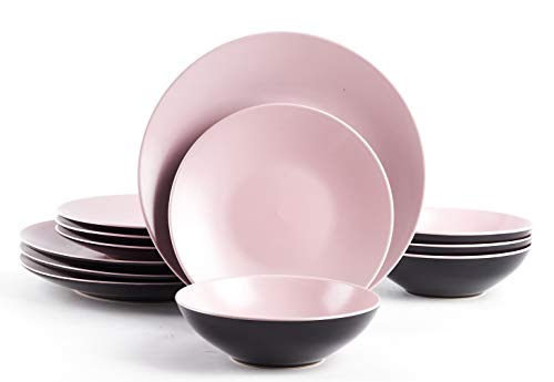 HomeVss Stoneware Two-Tone Colors Life 12pc Dinner Set?Outside Shiny Black + Inside Matte Glaze Rose