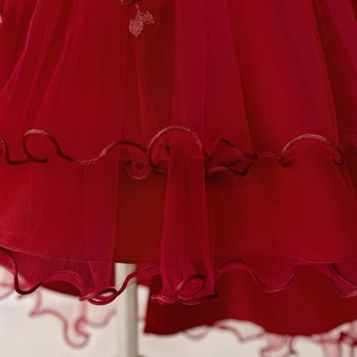 Girls' Elegant Flower Girl Dress with 3D Floral Appliques Puffy Short Sleeves High-Low Tulle Skirt for Weddings3