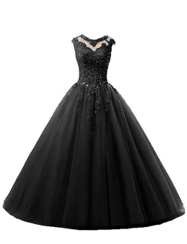 HUINI Ballkleider Tüll Lang A-Linie Abendkleider Quinceanera Kleider Ärmellose Prinzessin Abschlussballkleider Schwarz 52