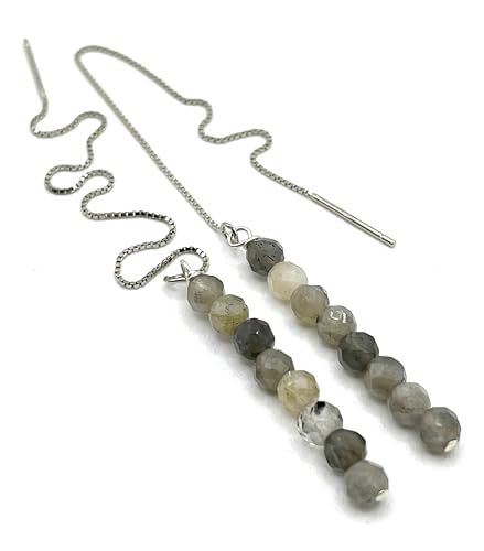 Cadeau pour femmes boucles d'oreilles longues labradorite grise argent 925