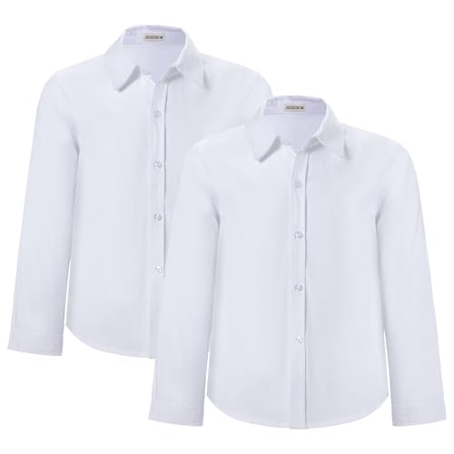 Image of BBXWANG 2 Pack Boys School Shirts Long Sleeve White Button Down Oxford Uniform Dress Shirts (UK, Age, 7 Years, 8 Years, Regular, White)