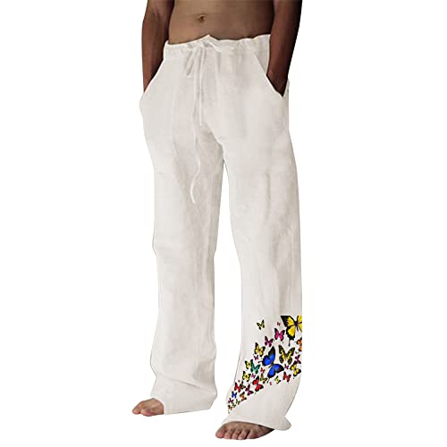 Pantalon à lacets imprimé homme en lin respirant et confortable doté de poches pratiques