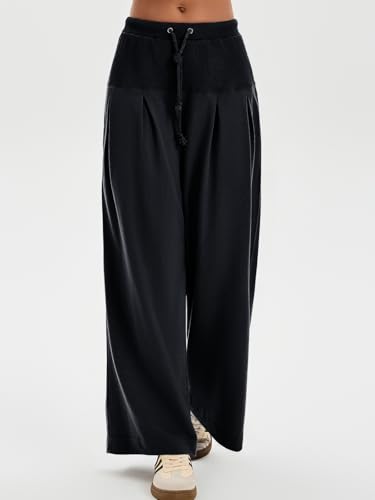 Tankaneo Womens Pleated Wide Leg Sweatpants Baggy Drawstring High Waisted Pants Casual Comfy Palazzo Lounge Pants4