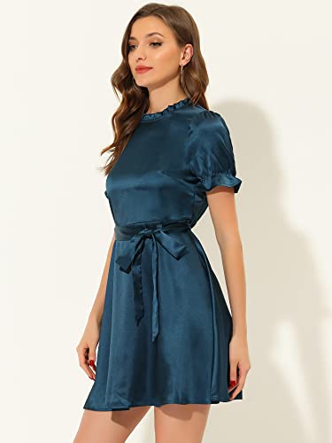 Allegra K Women's 2023 Summer Satin Dress Short Sleeve Tie Waist Business Casual Dresses Large Blue #TOP2
