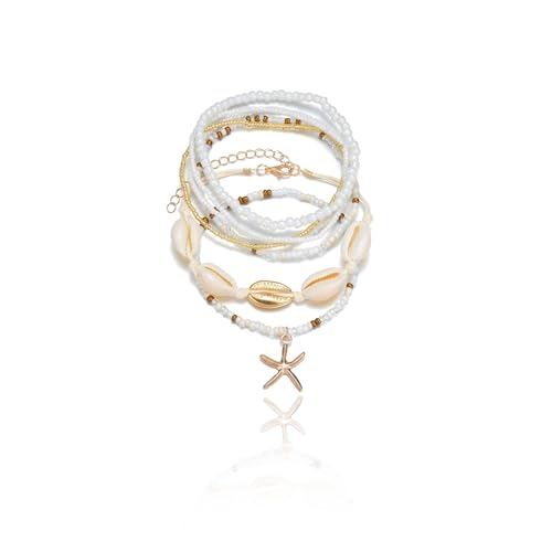Image of Shell Bracelet,Gold Plated Starfish Ankle Bracelets for Women Waterproof Stack Beaded Anklet Boho Hawaiian Vacation Beach Jewelry Gifts