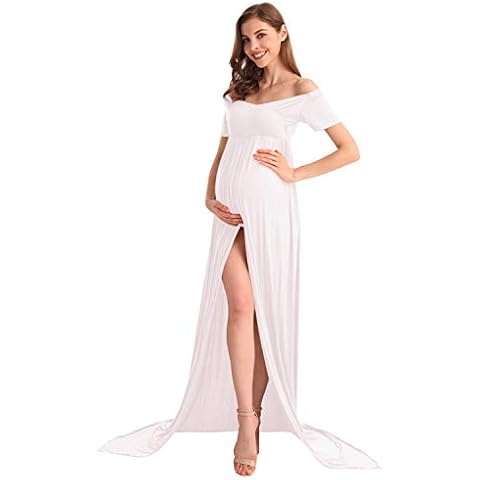 AYMENII Maternity Dresses for Photo Shoot Off Shoulder Short Sleeve Split Front Maxi Photography Wedding Baby Shower Gown White XL Cover