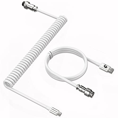 MAMBASNAKE C01 Cable Teclado Espiral, Cable USB C para Teclado Gaming, Cable Aviador para Teclado Mecánico, Tipo C a USB A, TPU Coiled Cable con Conector de Aviación de Metal Desmontable - Blanco