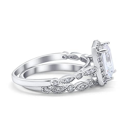 Blue Apple Co. Two Piece Emerald Cut Art Deco Bridal Set Engagement Ring Wedding Band Round Cubic Zirconia 925 Sterling Silver3