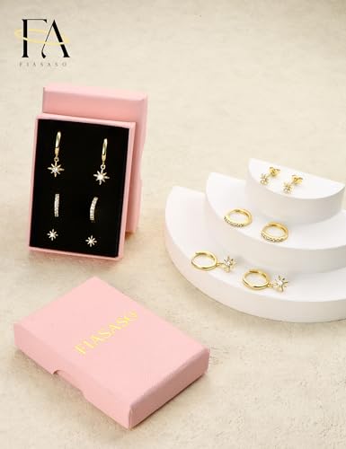 FIASASO 925 Sterling Silver Stud Huggie Earrings Set for Multiple Piercing Hypoallergenic 14K Gold Earrings Dainty Gold Earrings Small Hoop Earrings Cartilage Earrings for Women 3 Pairs3