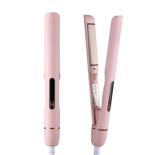 2-in-1 Hair Straightener & Curler Iron with LCD Display, 4 Temp Settings, 30s Fast Heat Up Hair Iron for Hard,Soft & Damaged Hair- Professional Styling Tools for Women (Pink)