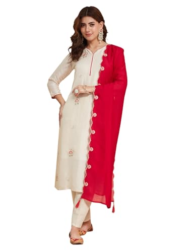 Image of MOKOSH Women's Silk Embroidery Kurta Pant with Dupatta | Kurta Set | Sweetheart Neck | 3 Piece Outfit | 3 /4 Sleeve Ethnic Suit
