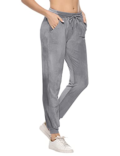 Pantalon de Sport Femmes en Velour Pantalon de Survêtement avec Poches Sweatpants pour Jogging Running Fitness Course Casual Gris XL, (YYAMN00246EU_GR_XL)