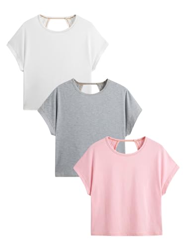 Image of RoseSeek Women's 3 Packs Open Back Tops T Shirt Criss Cross Cut Out Tee Short Sleeve Crewneck Summer Backless Tops