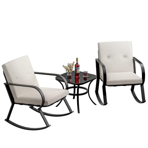 Image of Greesum 3 Pieces Patio Furniture Sets, Outdoor Conversation Rocking Chairs with Soft Cushions and Glass Coffee Table for Balcony, Porch, Yard, White