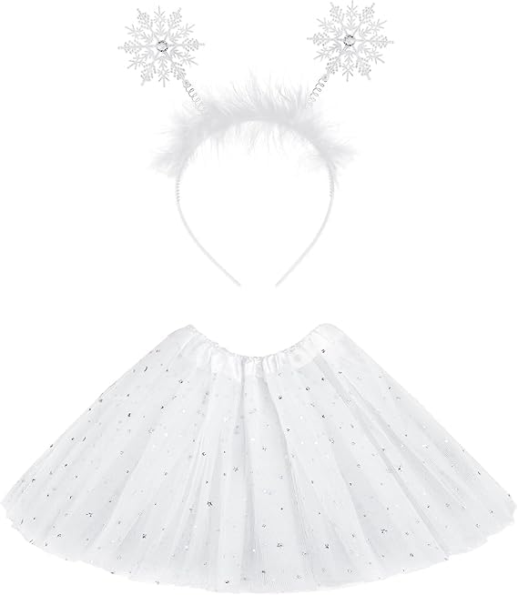 DIELIANHUA 2PCS Weihnachten Kostüm Kinder, 3 Lagiges Tüllrock Damen, Weißes Pailletten Tutu Unterrock, mit Schneeflocken Haarreif, für Mädchen...