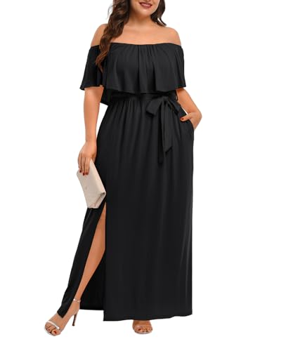 Plus Size Off The Shoulder Long Black Maxi Slit Beach Casual Summer Formal Wedding Guest Ruffle Dress with Pockets Women