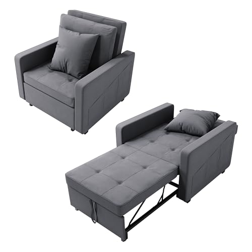 Single Sofa Bed, 3-in-1 Pull Out Convertible Sleeper Chair Bed with Adjustable Backrest, Side Pockets, Pillow, Breathable Linen Guest Bed for Home Office Small Room Apartment, Grey