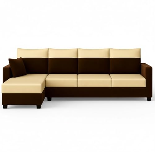 Image of Furny Arevva 6 Seater Fabric LHS L Shape Sofa Set (Cream-Dark Brown) | Soft Velvet Fabric | Modern Design | Comfortable Seating | Living Room Furniture