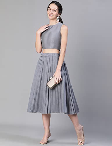 Image of oxolloxo Women Beige Jacquard Printed Pleated & Elasticated Skirt