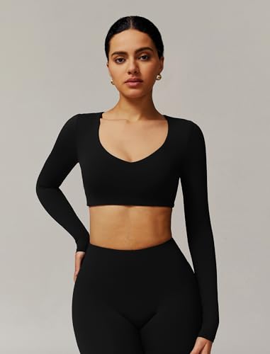 Image of ABOCIW Women Square Neck Long Sleeve Workout Crop Top Low Medium Impact Athletic Yoga Gym Shirts with Built in Bra(ONLY TOP)