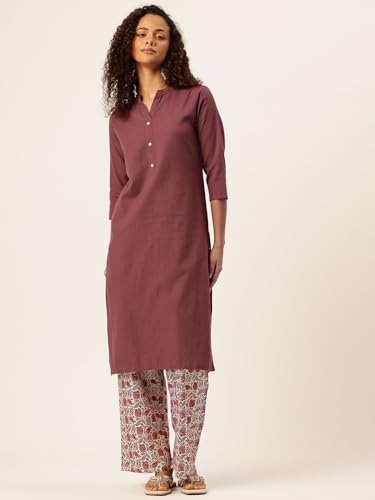 Image of feranoid Women's Plain Cotton Kurta with Mandarin Collar, 3 /4 Sleeves & Pocket