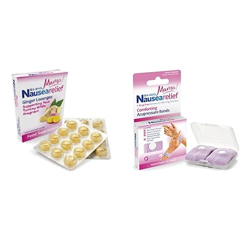 Sea-Band Mama! Motion Sickness, Nausea and Morning Sickness Relief, Ginger Lozenges and Acupressure Wristbands Bundle, (1 x Pack of 24 Ginger Lozenges and 1 x Pair of Adult Lilac)