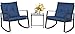 SUNCROWN 3 Piece Outdoor Rocking Bistro Set Black Wicker Furniture Porch Chairs Conversation Sets with Glass Coffee Table, Dark Blue