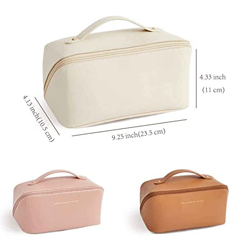 WBOOO Large Capacity Travel Cosmetic Bag, Multifunction Organizer Storage Bag, Makeup Bag with Handle and Dividers, Skincare Dispenser, Toiletry Bag for Women, 9.25x4.13x4.33 inch - Beige.