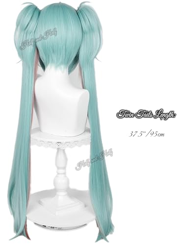 Image of Half and Half Green Ponytail Anime Wig Light Teal Little Devil Cosplay Twin Tails Wigs 37.5'' Gothic Lolita Singer Costume Wigs for Women Halloween Party Daily
