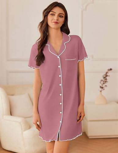 Image of Ekouaer Nightgowns for Women Button Down Sleep Shirt Short Sleeve NightShirts Boyfriend Sleepdress Soft Pajama Dress