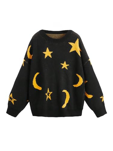 WDIRARA Women's Plus Size Star Moon Graphic Sweater Crew Neck Long Sleeve Knit Pullovers Top