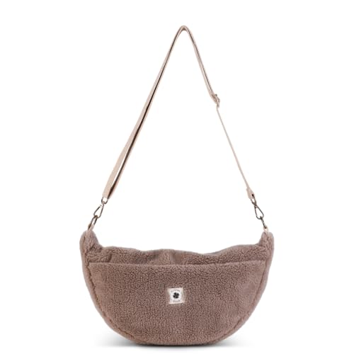 Grünes Glück Teddy Moon Bag Damen LARGE mit Innen & Außentasche | Perfekt als Crossbody Bag mit verstellbarem Gurt | Teddy Tasche Damen auch als Kinderwagen Organizer geeignet | Farben Taupe & Leo