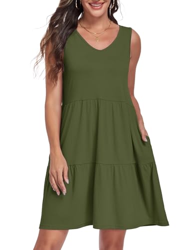 Image of Sundresses for Women Summer Sleeveless Tiered Swing V Neck Tank Dress | 2026 Casual Loose Tank Dress with Pockets, A-Line Flowy Beach Sun dress, Vacation Cruise Fashion Outfits