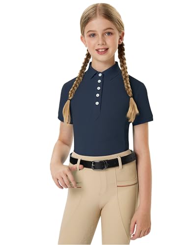 FitsT4 Sports Girls Equestrian Shirt Short Sleeve Horse Riding Polo Shirts Button UP Horseback Show Shirt Kids Summer Tops Navy Large