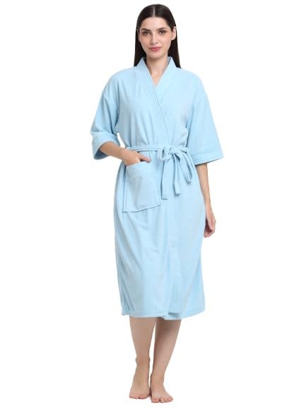 Everyday Unisex Micro Terry Bathrobe Collection With kimono collar and 1 Pocket, 3/4 Sleeve Bath Robe Super Soft Light Weight - Sky Blue