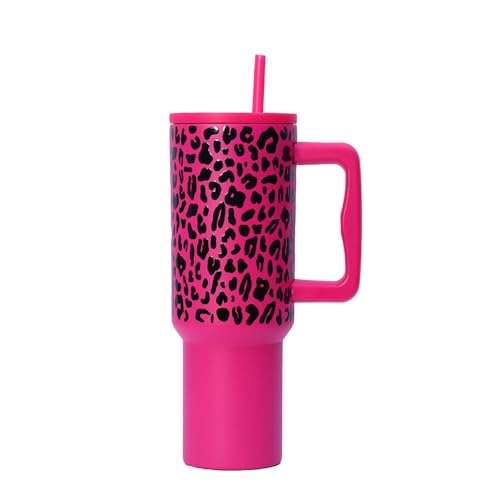 タンブラー ストロー付き 保温杯 魔法瓶 ステンレス 水筒 大容量 コーヒー 水筒 ウォーターボトル 真空断熱 保温 保冷 ステンレスボトル 広口 直飲み 蓋付き アウトドア 取っ手付き 持ち運び こぼれない ヒョウ柄カップ (ローズレッド)
