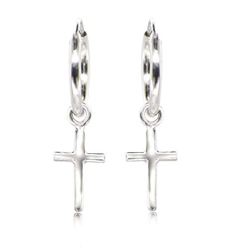 Pendientes de aro con colgante de cruz liso de plata de ley 925, sin níquel, hipoalergénicos, 15 mm de diámetro Cover