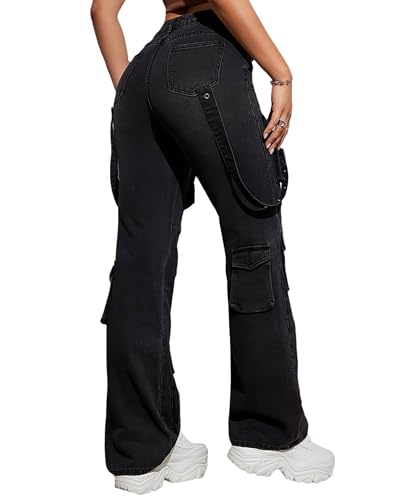 Women's Cargo Jeans High Waisted Flap Pocket Straight Leg Denim Pants Y2K Hip Hop Streetwear Trousers4
