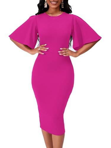 Image of Bdwinz Women's Basic Bodycon Ruffle Flared Short Sleeve Pencil Midi Dress