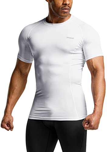 TSLA CLSL Mens UPF 50+ Quick Dry Short Sleeve Compression Shirts Athletic Workout Shirt Water Sports Rash Guard Athletic Top Off White Medium
