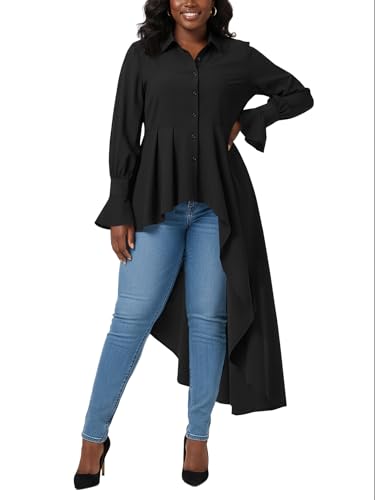Umenlele Women’s Button Down Long Sleeve Asymmetric Ruffle High Low Hem Blouse Shirt Top2