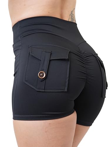 Women Scrunch Shorts with Pockets Crossover High Waist Sculpting Booty Lifting Workout Tight Athletic Gym Bottoms
