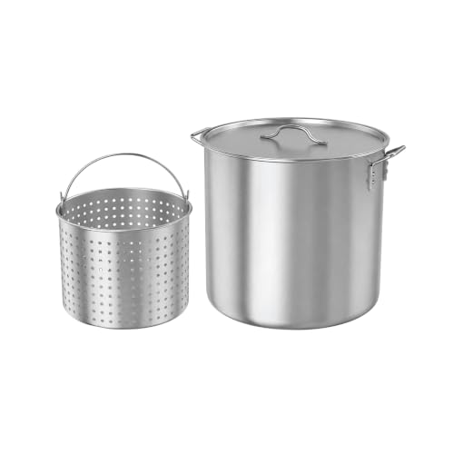 Image of GasOne 60Qt Aluminum Stock Pot with Strainer and - Lid Large Deep Fryer Pot | with Basket for Boiling, Frying Turkey, Seafood, Crawfish - Food-Grade Aluminum Large Cooking Pot with Sturdy Handles
