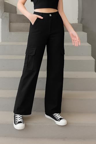Image of ADBUCKS Stretchable High Rise Cargo Style Wide Leg Jeans for Girls II Girls Jeans
